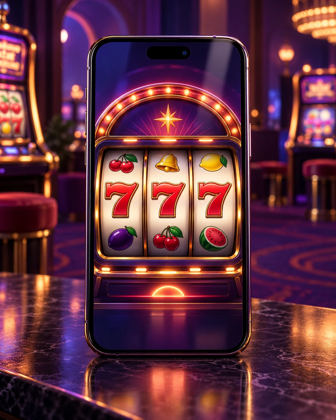 Original editorial phone illustration with classic slot symbols on screen