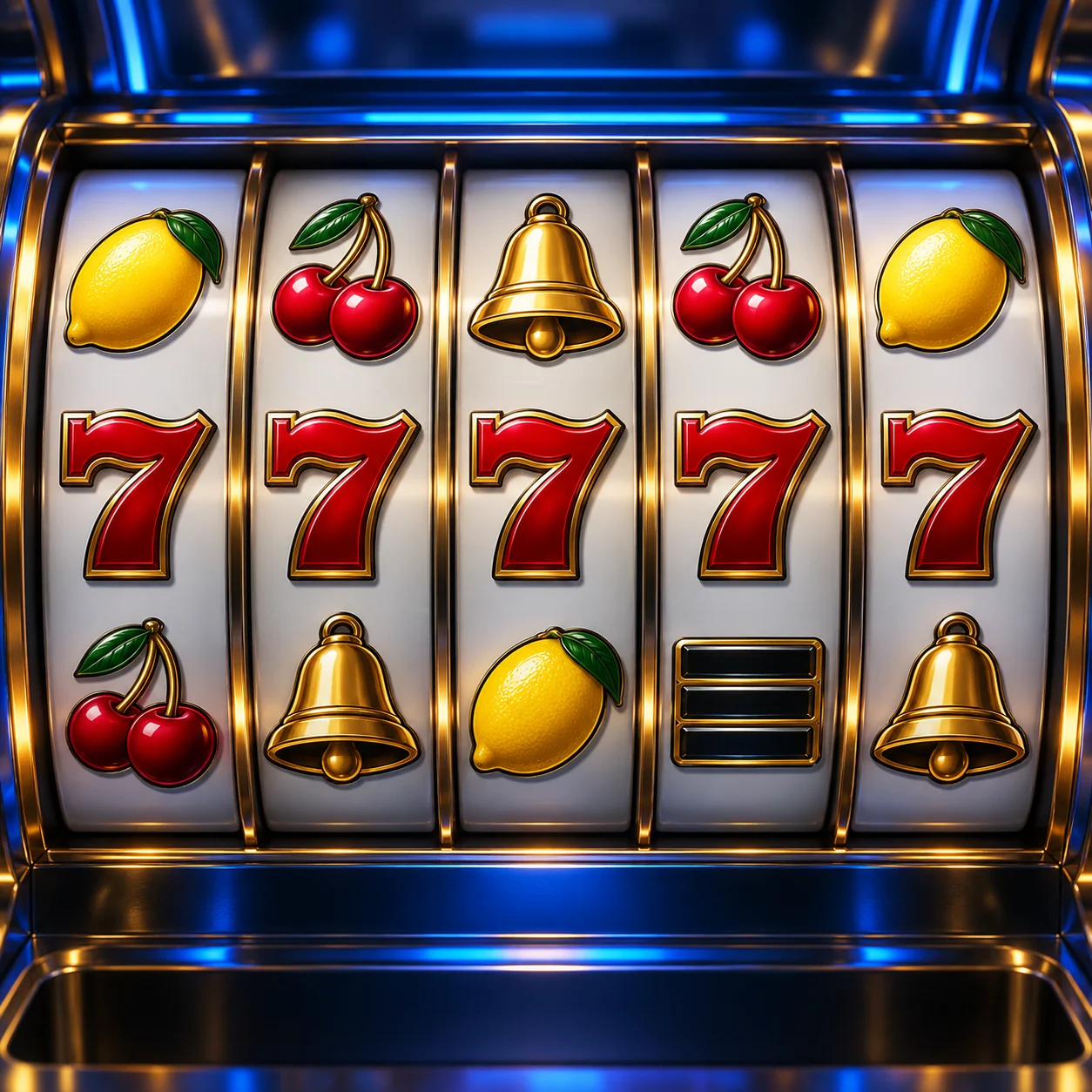 Original illustration of five classic slot reels with sevens, cherries, lemons and bells