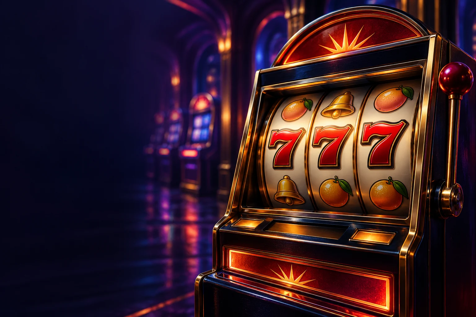 Original retro arcade illustration of a classic slot with red sevens, bells and fruit